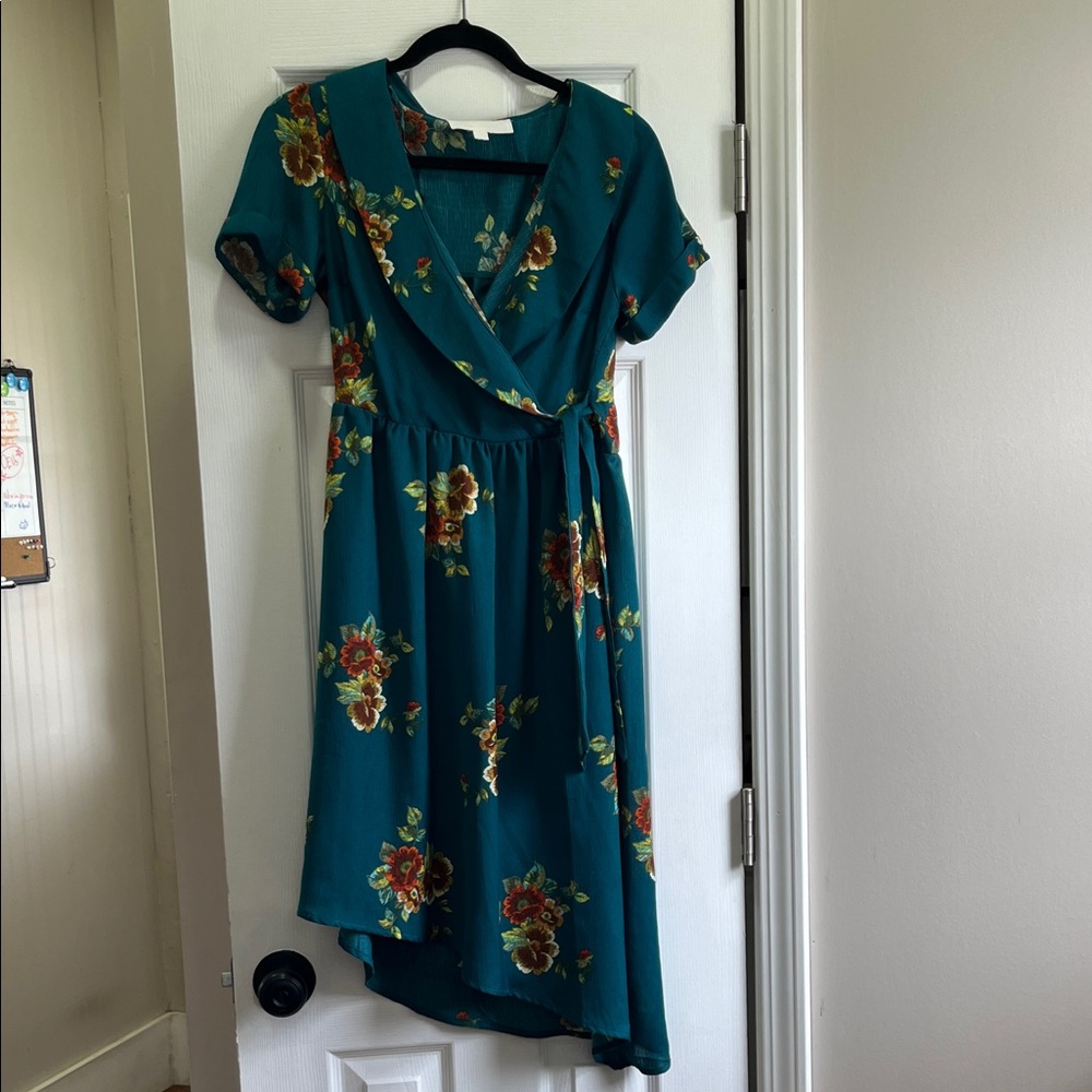 Floral Teal Wrap Dress